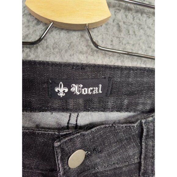 Vocal Jeans Waist 32 Tapered Distressed Jewel Bling Roll Cuff Black Denim - Picture 8 of 9